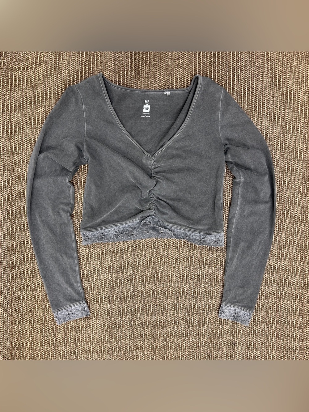 Me To We PacSun Charcoal Grey Ruched Lace Trim Crop Top S